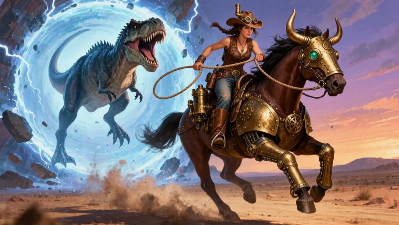 Steampunk cowgirl rides brass-armored horse fleeing a roaring T-Rex emerging from a glowing desert interdimensional portal.