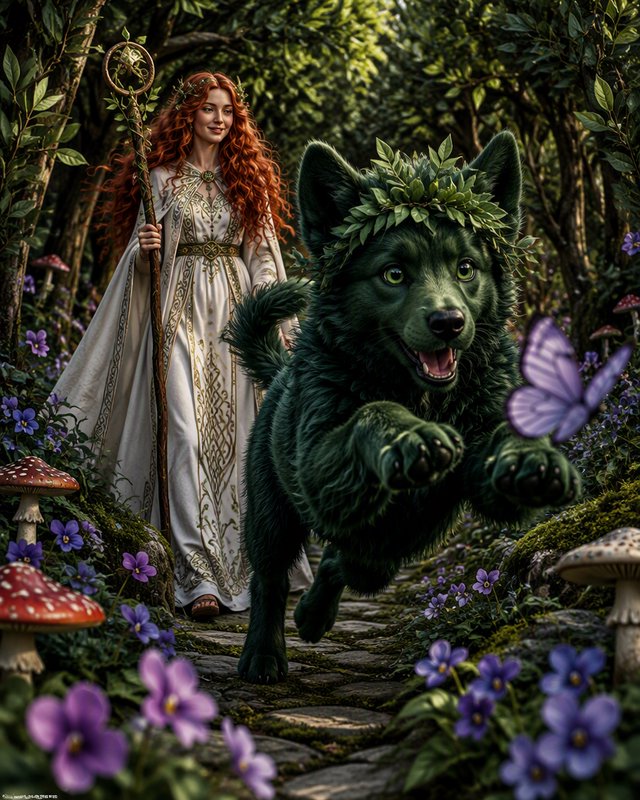 Red-haired forest druid follows a playful leaf-crowned green wolf chasing a butterfly down an enchanted sunlit forest path.