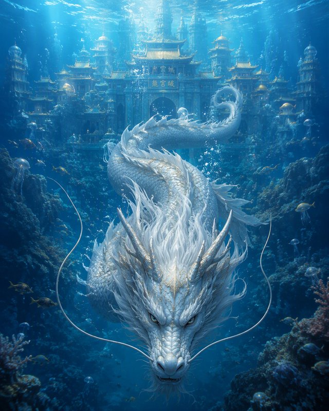 Majestic white eastern water dragon swims toward the viewer, with an ornate mythical underwater palace behind it in