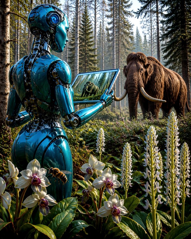Glossy teal humanoid robot holds a tablet, facing a woolly mammoth in a sunlit evergreen forest with foreground wildflowers
