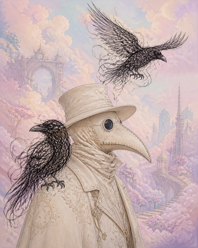 Surreal fantasy illustration of ivory plague doctor with wireframe crows set in a soft pastel cloud kingdom
