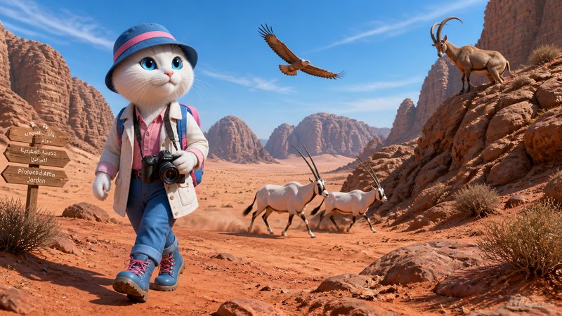 [Cute anthropomorphic cat photographer hikes red Jordan desert trail, with wild oryx, a soaring eagle, and ibex under brig...