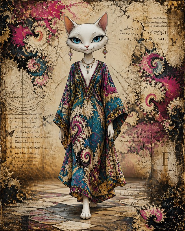 Elegant anthropomorphic white cat with bright blue eyes wears an ornate patterned caftan against a vintage manuscript