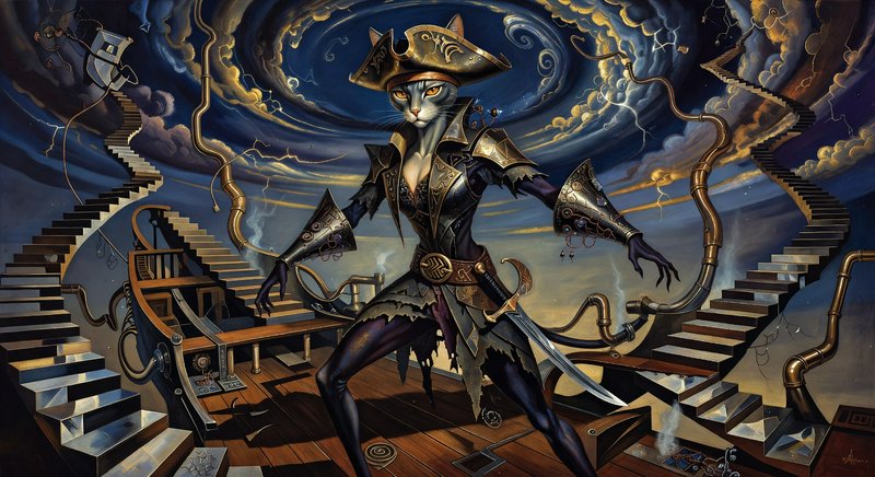 Steampunk anthropomorphic cat pirate stands on airship deck against swirling storm sky with impossible floating staircases