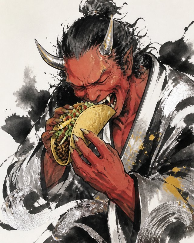 Red horned Japanese oni demon enthusiastically eats a large loaded taco, rendered in dynamic sumi ink illustration style.