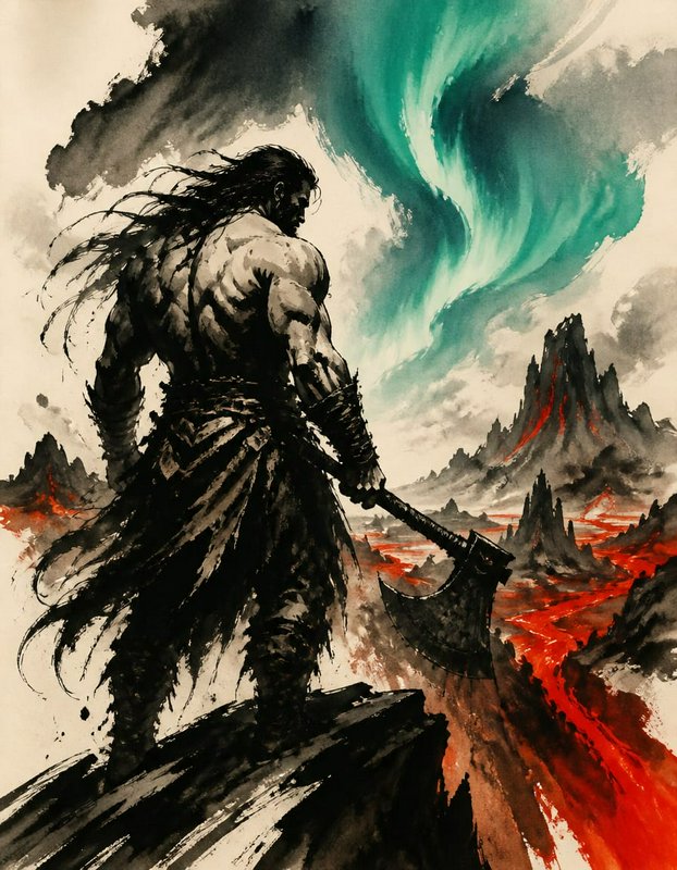 Sumi-e style illustration of muscular long-haired warrior holding a battle axe, overlooking a volcanic lava landscape