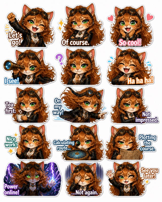 Sticker sheet of 15 cute anthropomorphic steampunk orange cat character emojis with varied expressions and chat phrases