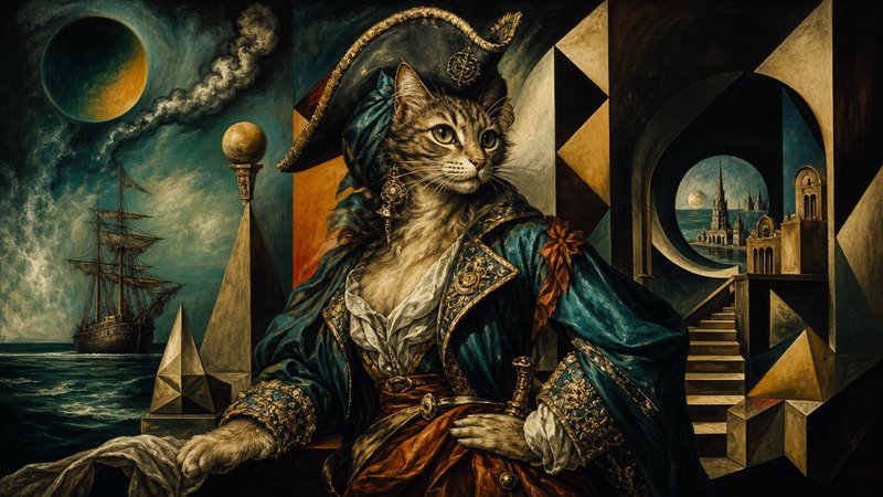 Ornate surreal portrait of a tabby cat pirate captain in 18th century naval regalia, set against a fantastical nautical