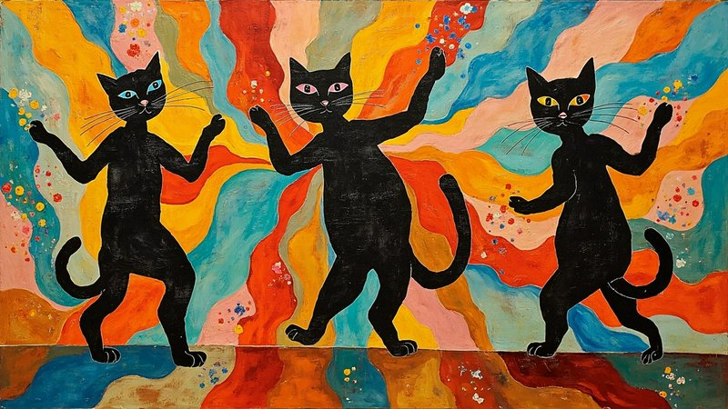 Three anthropomorphic dancing black cats illustrated against a vibrant swirling wavy rainbow folk art background