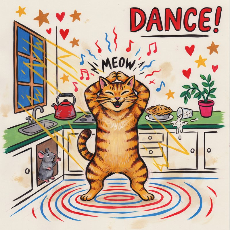 Whimsical cartoon of a grinning orange tabby cat dancing in a kitchen, as a surprised mouse watches from a cabinet