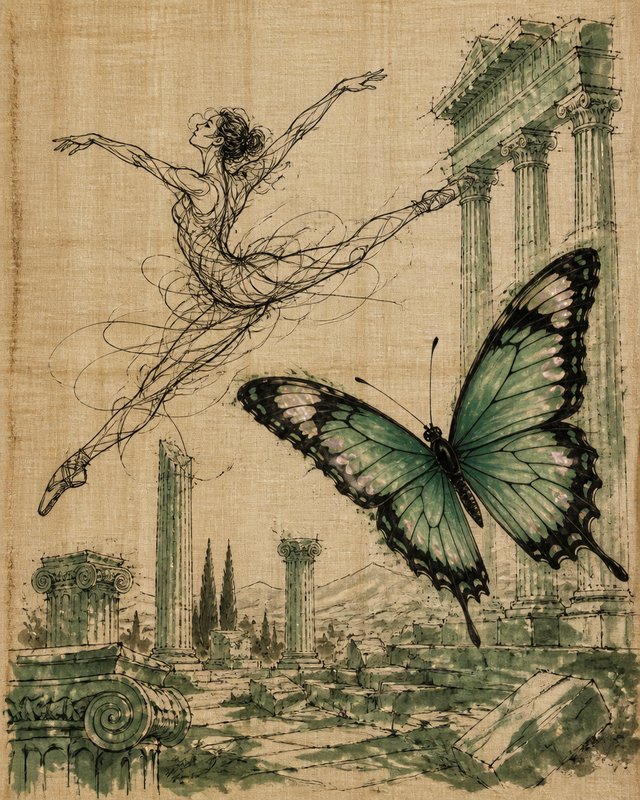 Pen sketch of a leaping ballerina and large green butterfly above ancient Greek ruins on aged parchment