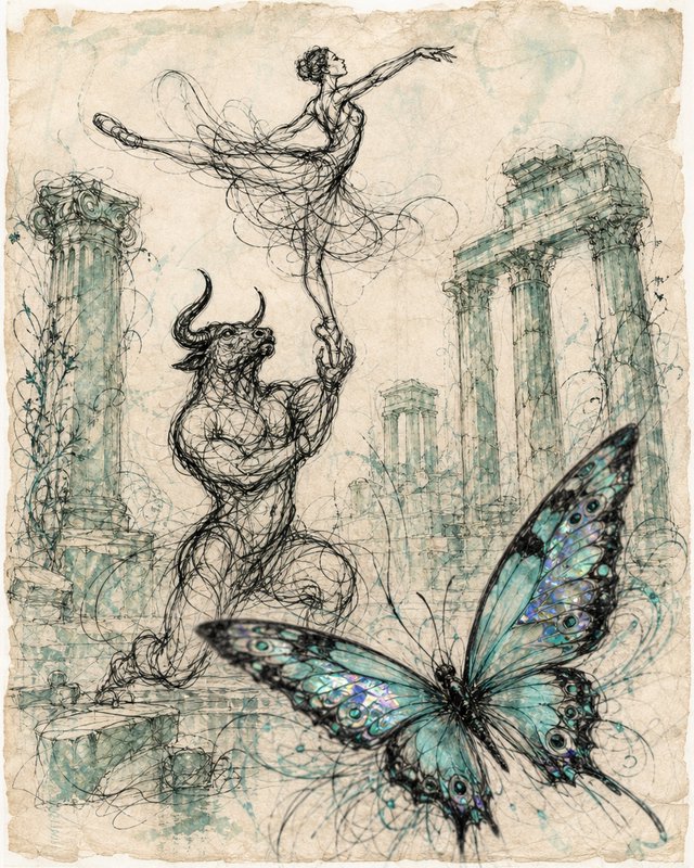 Scribbled line art of a minotaur lifting a ballerina, iridescent turquoise butterfly foreground, ancient Greek ruins on