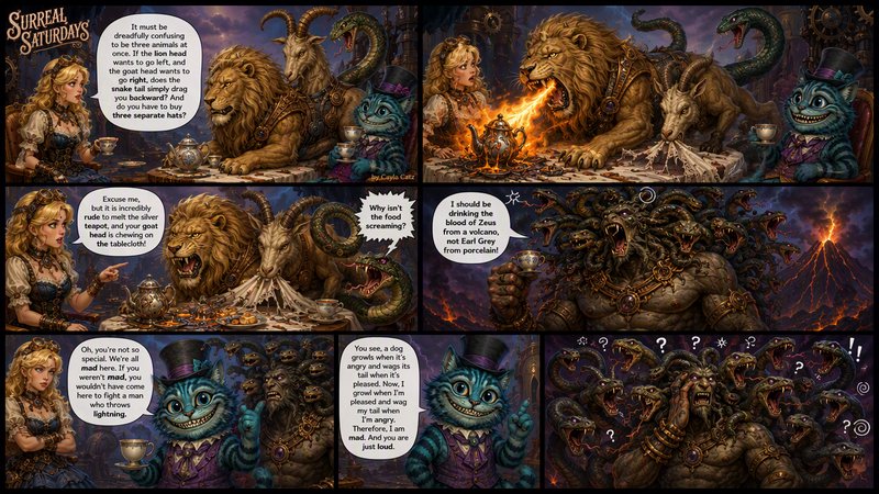 6-panel Surreal Saturdays fantasy webcomic of a chaotic tea party with Alice, Cheshire Cat, chimera, and multi-headed