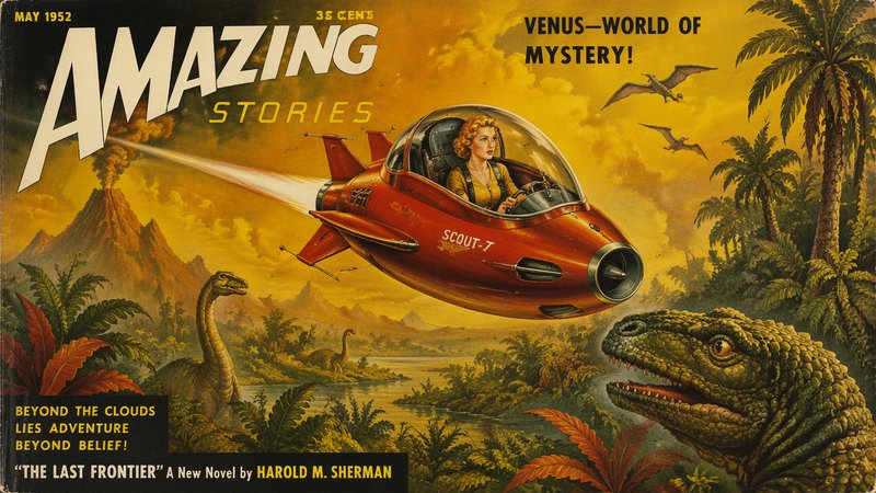 [May 1952 Amazing Stories pulp cover of female pilot flying red rocket over prehistoric Venus landscape with dinosaurs]