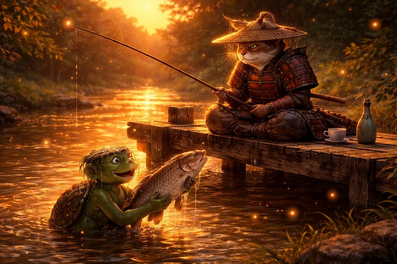Armored samurai cat fishes from a wooden dock as a kappa holds a large fish in a glowing sunset forest river