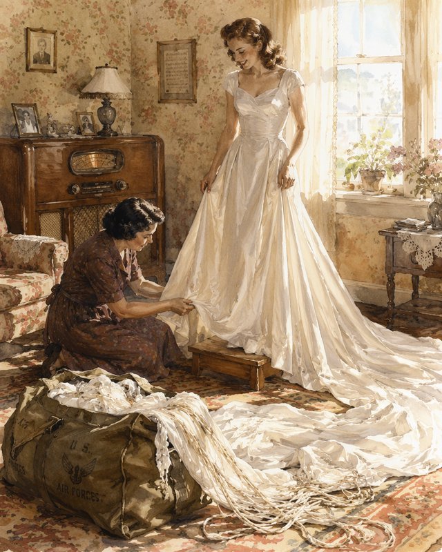 Vintage 1940s illustration of a mother adjusting a smiling bride's parachute wedding gown in a sunlit period home