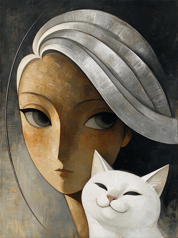 [Stylized cubist oil portrait of a woman in a silver headwrap beside a content, smiling white cat against a dark moody bac...