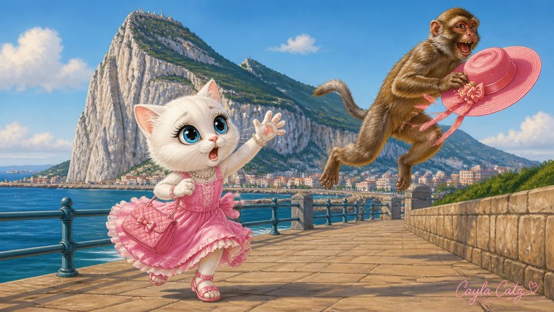 Anthropomorphic white cat reacts in surprise as a Barbary macaque steals her pink hat on a Gibraltar waterfront promenade
