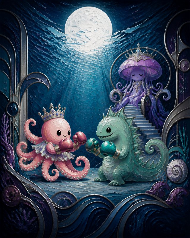 Crowned pink octopus and teal sea creature in boxing gloves face off, while a purple jellyfish queen watches from her