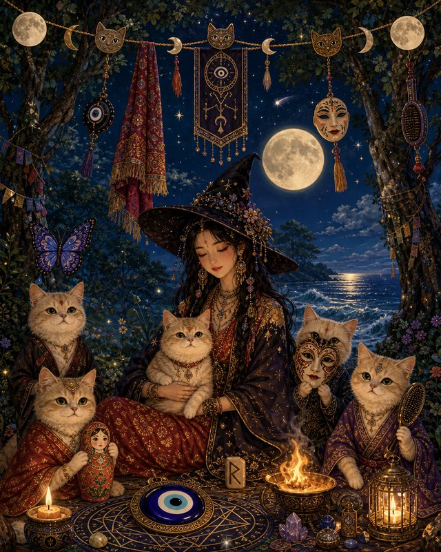 Serene fantasy illustration of a celestial witch surrounded by magical anthropomorphic cats at a moonlit forest ritual