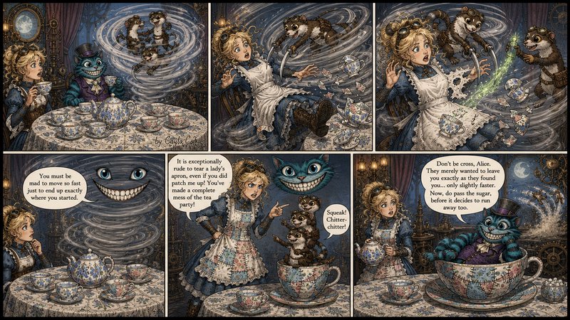 6-panel steampunk Alice in Wonderland comic depicting a chaotic mad tea party with Cheshire Cat and swirling weasel