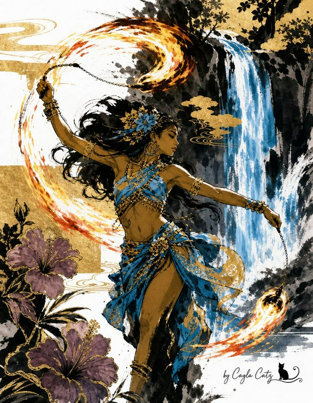 Illustrated fantasy fire goddess spinning flaming chains, blue and gold attire, beside a waterfall with purple hibiscus
