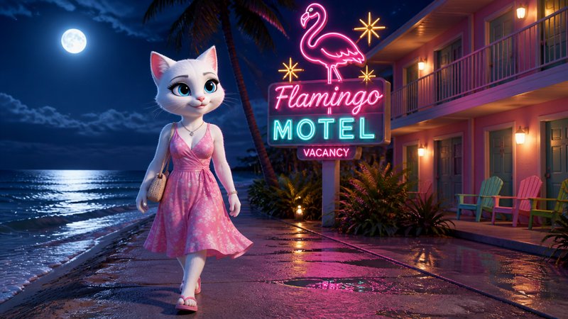 Anthropomorphic white cartoon cat in a pink sundress walks on a wet coastal boardwalk next to a neon Flamingo Motel on