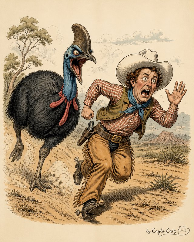 [Terrified cowboy runs screaming as an angry hissing cassowary chases him across a desert outback landscape in a vintage c...