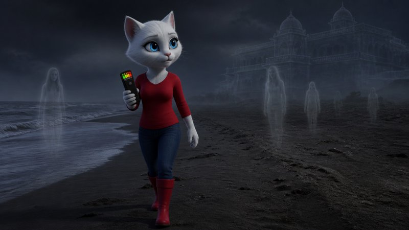 Anthropomorphic white cat holds an EMF meter investigating a foggy haunted beach surrounded by translucent ghosts and a sp...