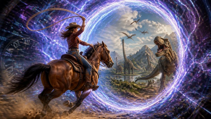 Cowgirl riding a galloping horse swings a lasso beside a glowing interdimensional portal leading to a prehistoric