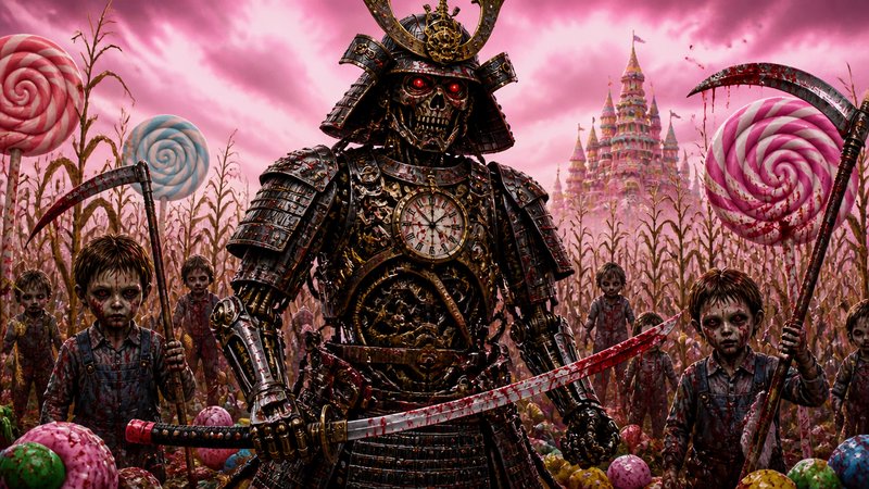 [Skeletal steampunk samurai stands in a lollipop field with zombie children, pink sky and candy castle backdrop]