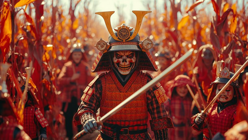 Menacing skeletal samurai with clock-adorned helmet holds a katana, leading costumed warriors through an orange autumn cor...