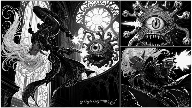 Black and white comic page of a dark elf gunslinger fighting a beholder monster in a gothic cathedral interior