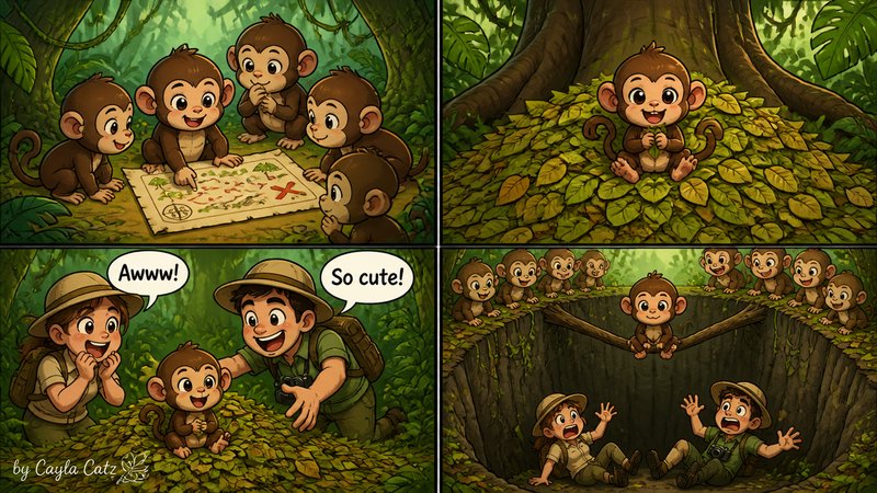 4-panel humorous cartoon comic showing cute monkeys pranking jungle explorers with a fake treasure map pit trap