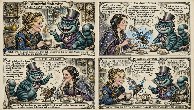 4-panel steampunk Alice in Wonderland comic of Alice, Cheshire Cat, and fairy guest enjoying a whimsical magical tea party