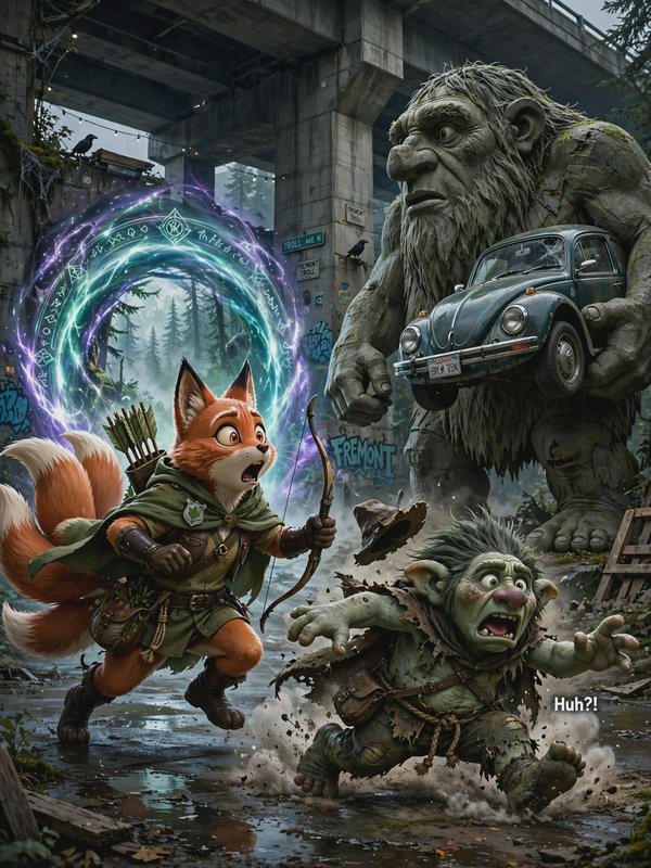 [Panicked fox archer, fleeing goblin, and stone troll holding a car stand by a glowing rune magic portal under a concrete ...