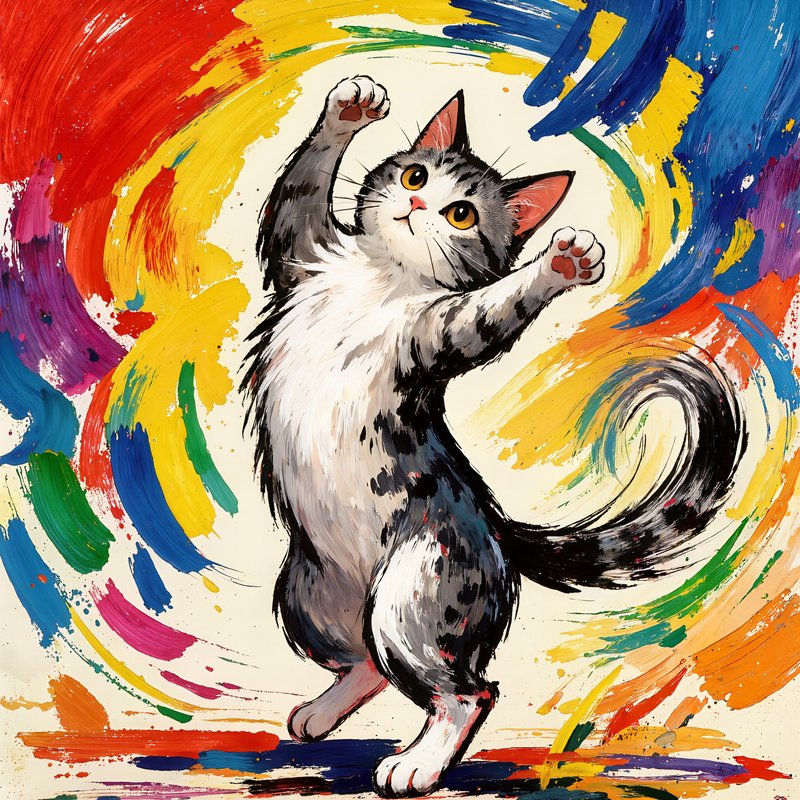 Joyful gray and white tabby cat dancing with raised paws, surrounded by swirling vibrant rainbow paint brushstrokes