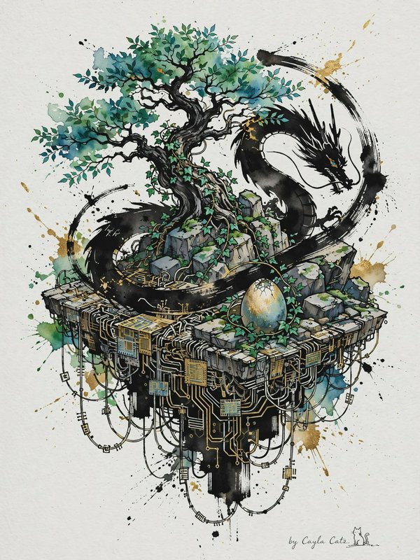Watercolor ink illustration of a black eastern dragon coiled around a bonsai tree on a floating cybernetic platform with