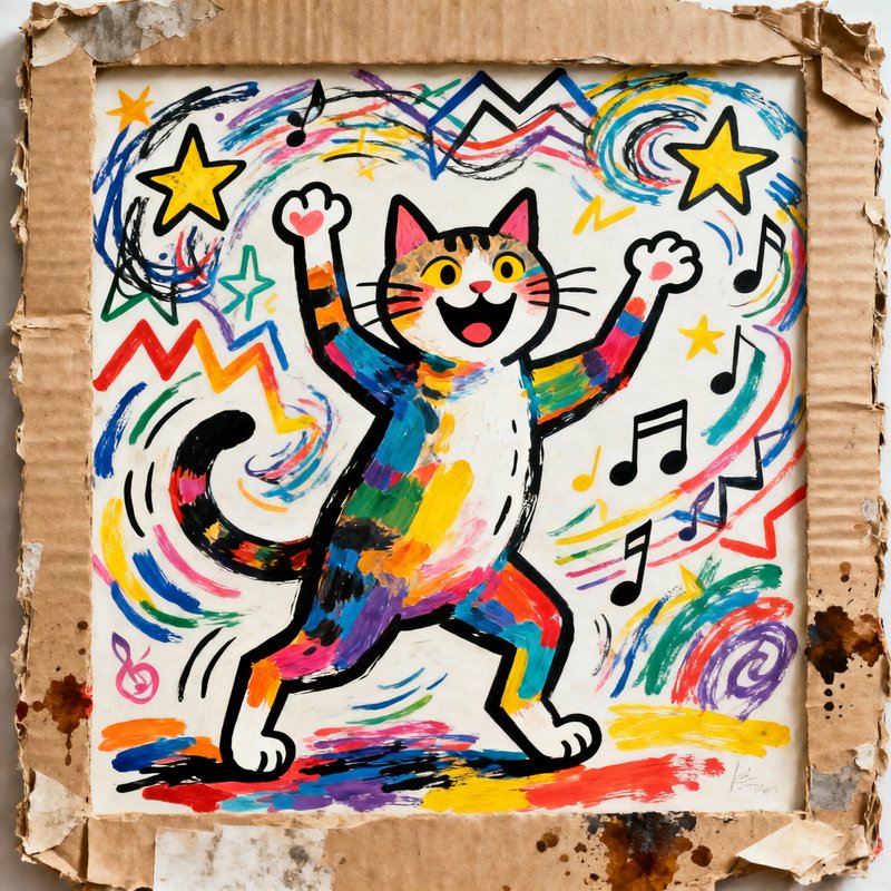 Vibrant folk art of a joyful rainbow dancing cat surrounded by music notes and stars, framed by tattered cardboard.