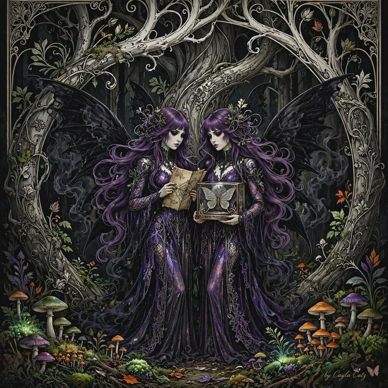 Two gothic twin faeries with purple hair stand in an enchanted forest, one holding a map, the other a framed moth display.