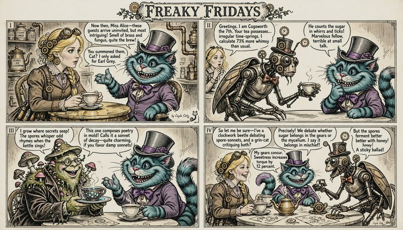 [4-panel "Freaky Fridays" steampunk comic strip depicting a whimsical surreal Alice in Wonderland tea party]