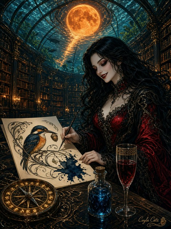 Gothic vampire artist draws in an underwater glass library beneath a glowing orange full moon, surrounded by arcane desk