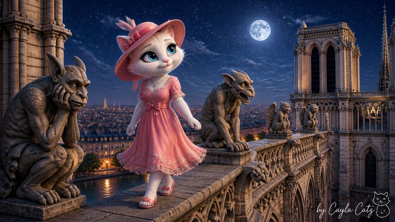 Anthropomorphic white cat in pink vintage dress stands on Notre Dame rooftop beside stone gargoyles under a full moon Pari...