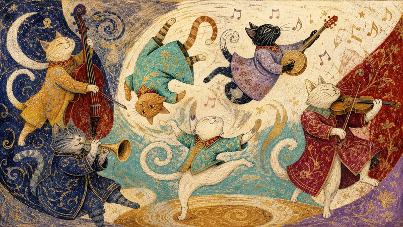 Whimsical folk art illustration of ornately dressed cats playing instruments and dancing in a swirling decorative