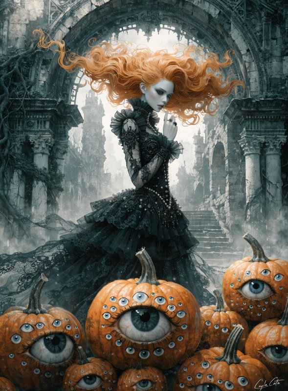 Surreal gothic illustration of red-haired Victorian woman, surrounded by uncanny eyed pumpkins in misty castle ruins.
