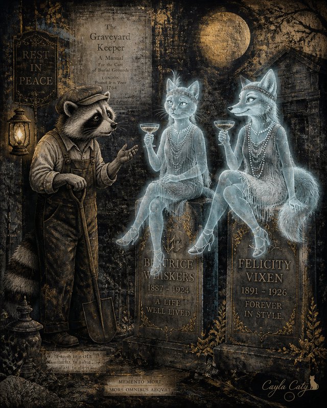 Anthropomorphic raccoon gravedigger talks to glowing 1920s flapper cat and fox ghosts perched on gravestones in a moonlit ...