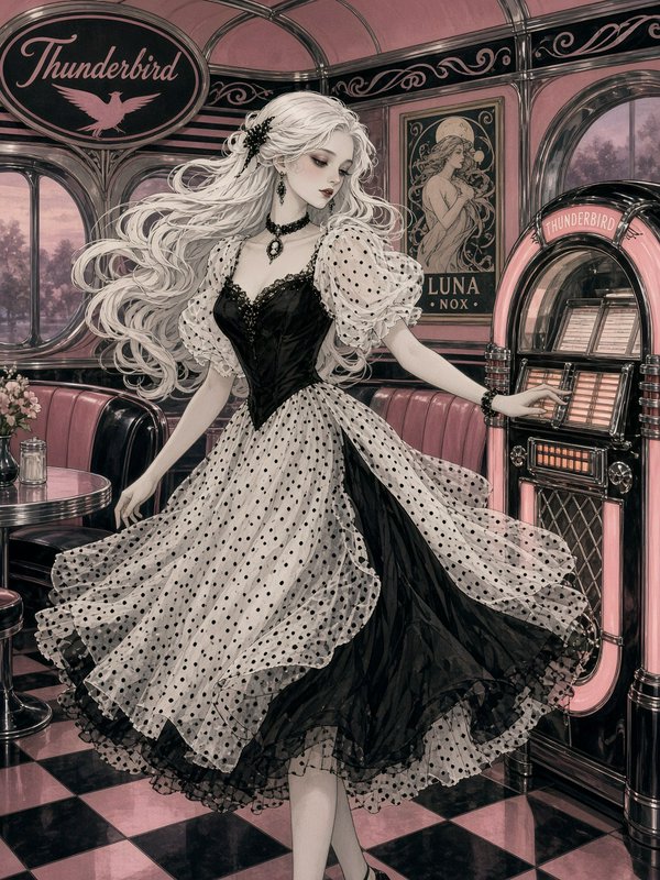 Ethereal platinum-haired woman in a polka dot gown reaches for a vintage pink jukebox inside a pastel retro art deco diner.