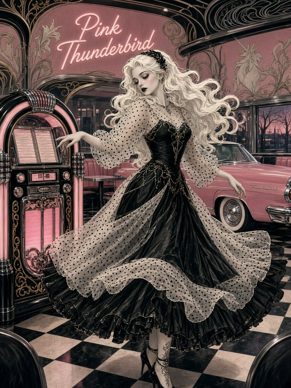 Ethereal gothic woman in a flowing polka dot gown dances next to a vintage jukebox inside the retro Pink Thunderbird diner
