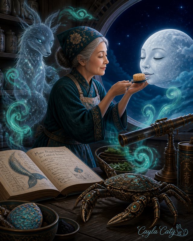 Fantasy illustration of a wise elder offering mooncake to a sentient moon, with glowing spirit fox in a magical