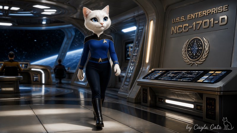 Anthropomorphic white cat Starfleet officer in TNG uniform walks across the USS Enterprise-D star...
